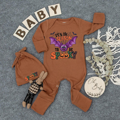 Spooky Season Baby Outfit Set: Cute Halloween Bodysuit & Hat with Bat and Jack-o'-Lantern, Newborn Romper, Boho Trick or Treat Clothes, New Mom Gift (139)