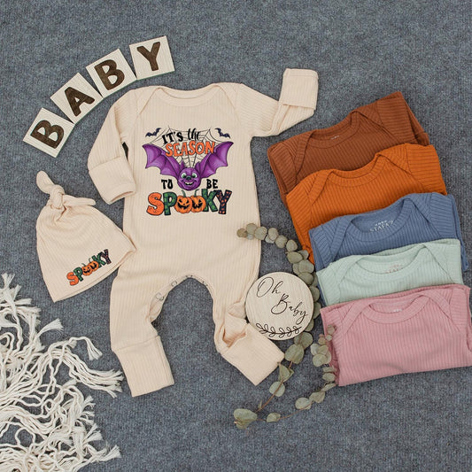 It's Spooky Season Baby Bodysuit & Hat Set Purple Bat Pumpkin Newborn Outfit Cute Halloween Clothes New Mom Gift Boho Trick or Treat Romper 136
