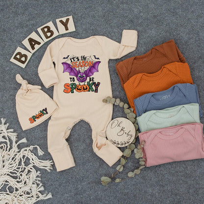 Spooky Season Baby Outfit Set: Cute Halloween Bodysuit & Hat with Bat and Jack-o'-Lantern, Newborn Romper, Boho Trick or Treat Clothes, New Mom Gift (139)