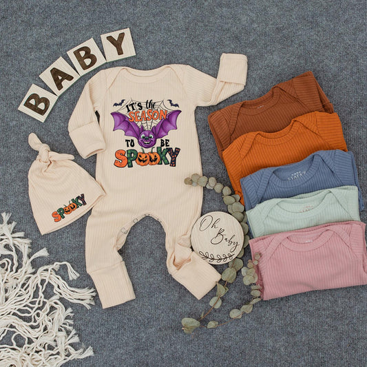 Spooky Season Baby Outfit Set: Cute Halloween Bodysuit & Hat with Bat and Jack-o'-Lantern, Newborn Romper, Boho Trick or Treat Clothes, New Mom Gift (139)