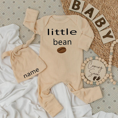 Little Bean Coffee Bodysuit and Hat Set Personalized Name Baby Gift Unisex Newborn Going Home Outfit Modern Minimalist