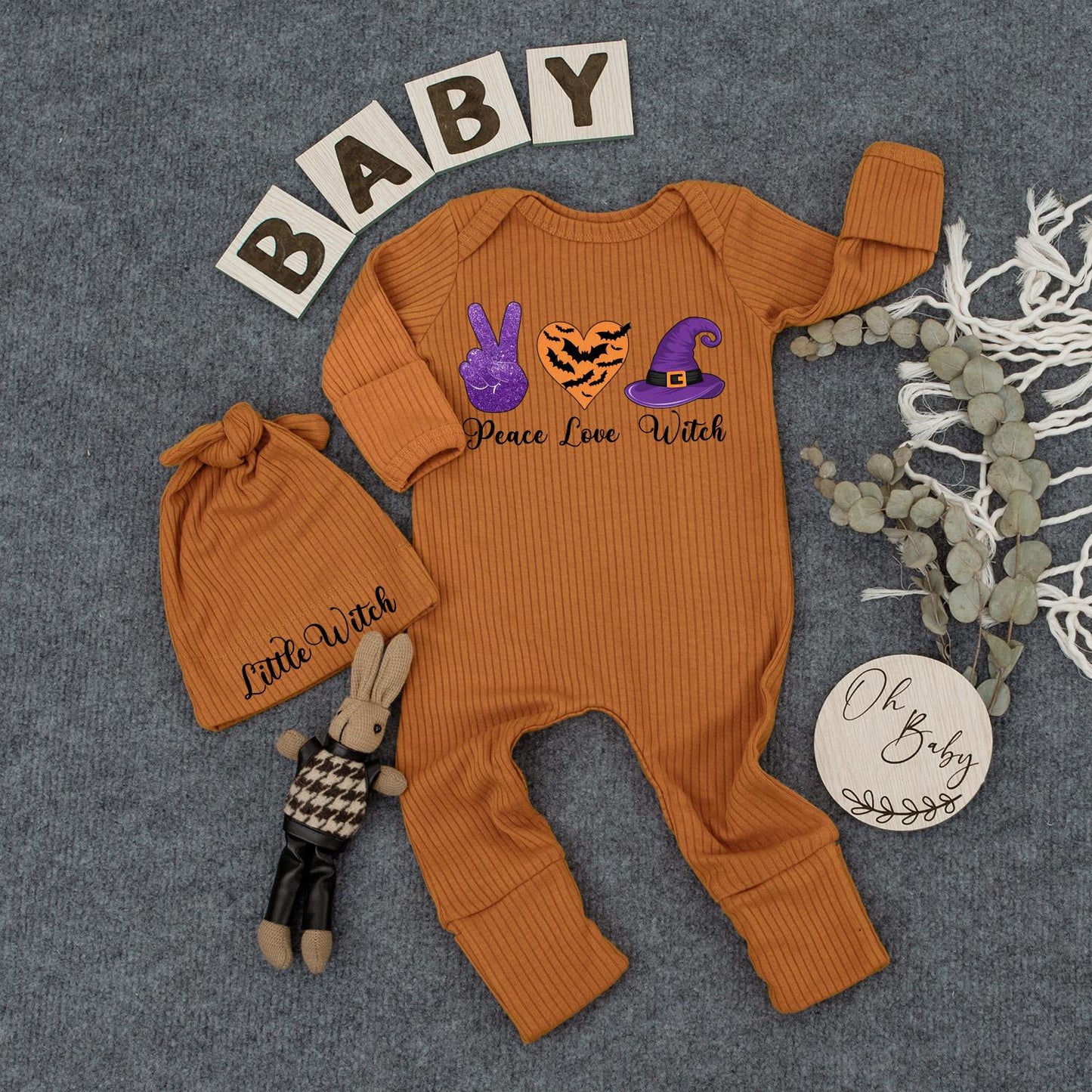 Peace Love Witch Baby Outfit Set, Halloween Newborn Romper & Hat, Cute Boho Clothes Gift, Infant Girl/Boy, Spooky Season