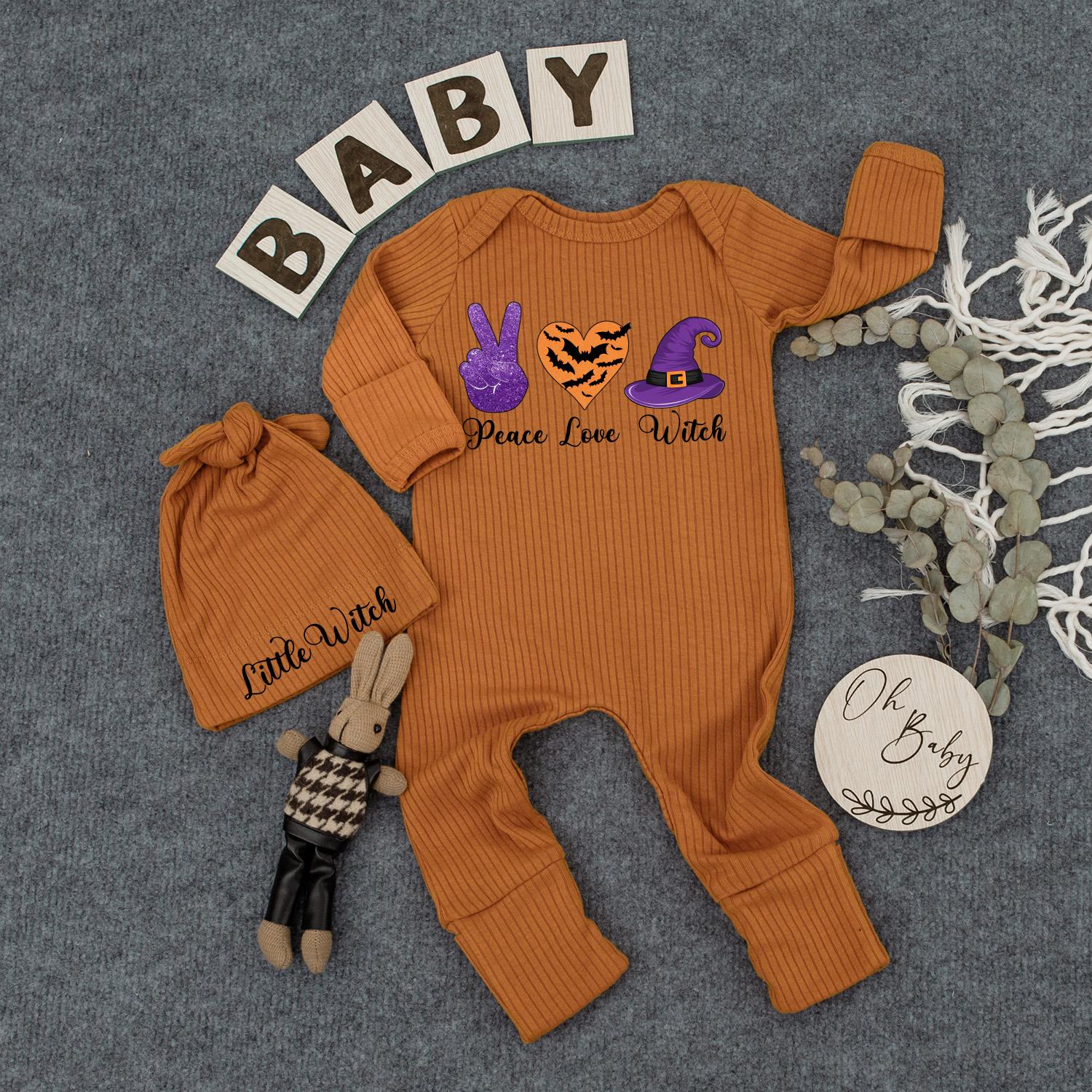 Peace Love Witch Baby Outfit Set, Halloween Newborn Romper & Hat, Cute Boho Clothes Gift, Infant Girl/Boy, Spooky Season