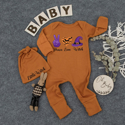 Peace Love Witch Baby Outfit Set, Halloween Newborn Romper & Hat, Cute Boho Clothes Gift, Infant Girl/Boy, Spooky Season