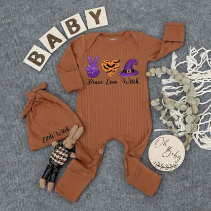 Cute Peace Love Witch Bodysuit and Hat Set Newborn Halloween Outfit with Purple Peace Sign Orange Bat Heart Little Witch Design New Mom Gift Spooky Season