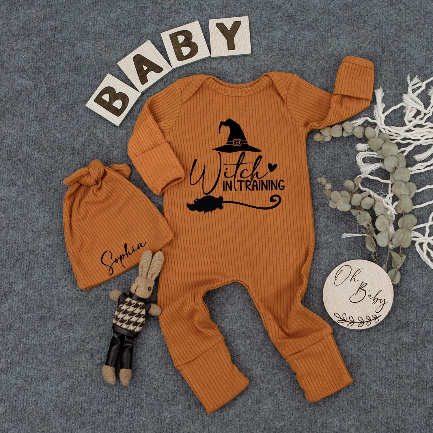 Custom Baby Witch in Training Bodysuit & Hat Set Cute Halloween Newborn Outfit Sophia Black Whimsical Witchy Design Romper New Mom Gift