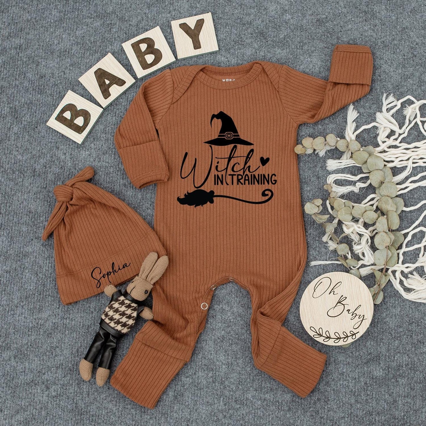 Custom Baby Witch in Training Bodysuit & Hat Set Cute Halloween Newborn Outfit Sophia Black Whimsical Witchy Design Romper New Mom Gift