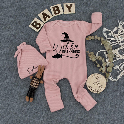 Custom Baby Witch in Training Bodysuit & Hat Set Cute Halloween Newborn Outfit Sophia Black Whimsical Witchy Design Romper New Mom Gift