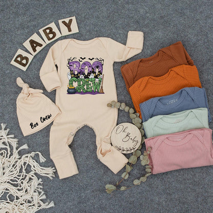 Boo Crew Baby Bodysuit & Hat Set, Spooky Halloween Newborn Outfit, Cute Ghost Romper, New Mom Gift, Playful Infant Clothes, Boho Vibes Party Costume, Soft Cotton
