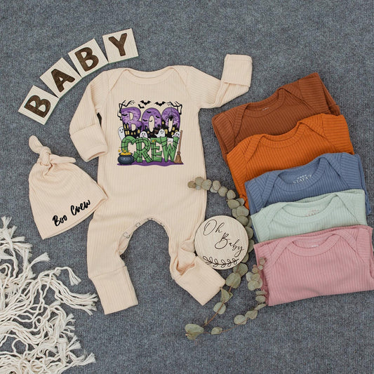 Boo Crew Baby Bodysuit & Hat Set, Spooky Halloween Newborn Outfit, Cute Ghost Romper, New Mom Gift, Playful Infant Clothes, Boho Vibes Party Costume, Soft Cotton