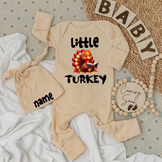 Little Turkey Thanksgiving Bodysuit Set: My First Thanksgiving Outfit with Cartoon Turkey Reading a Book, Autumn Gender Reveal, Fall Baby Shower Clothes, Pumpkin 139