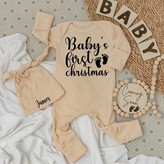 Baby's First Christmas Long Sleeve Romper, Whimsical Cursive Design, Newborn Holiday Gift, Footprint Accents, Soft Cotton Baby Clothes