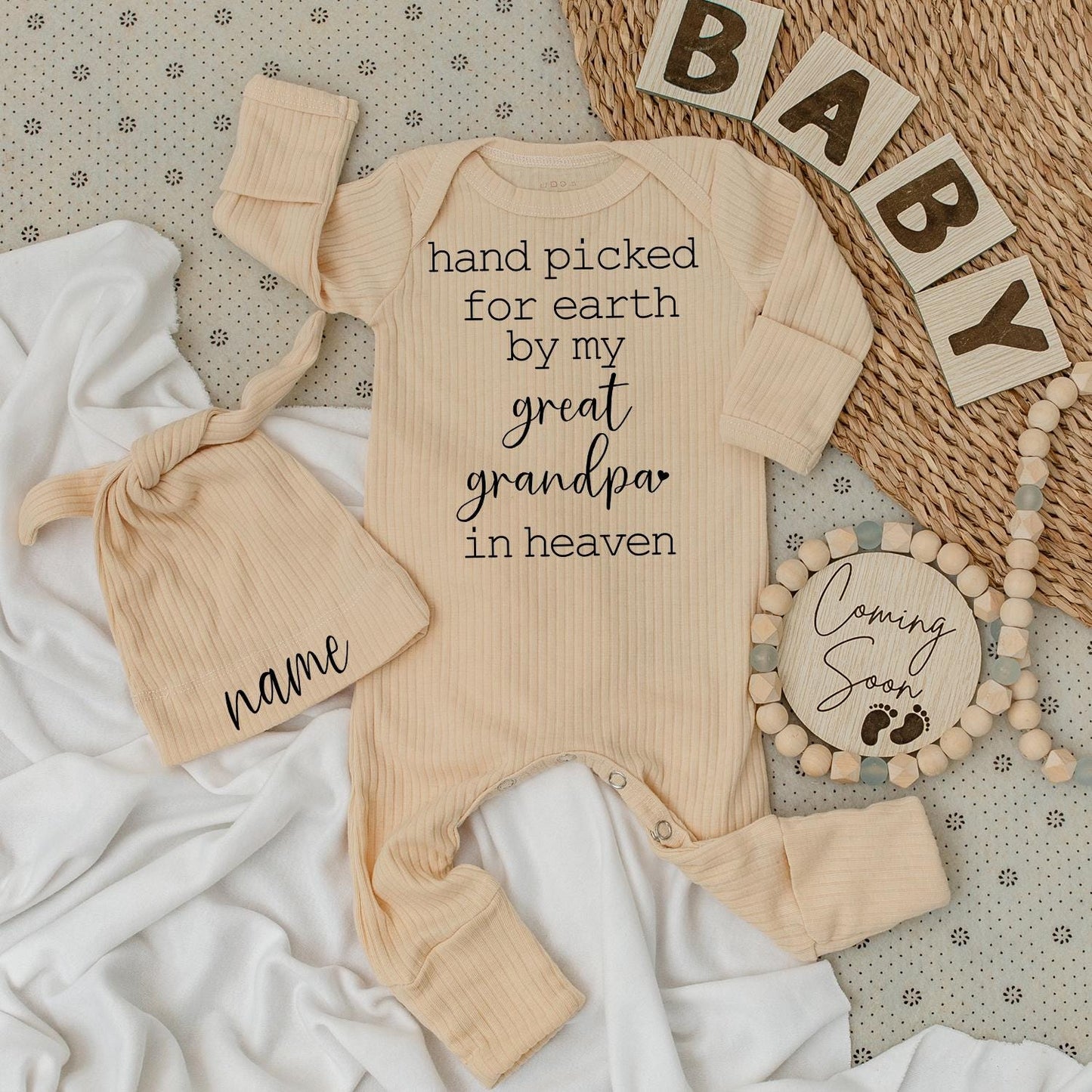 Handpicked for Earth by Great Grandpa in Heaven Baby Bodysuit Hat Set with Custom Name for Baby Shower Gift