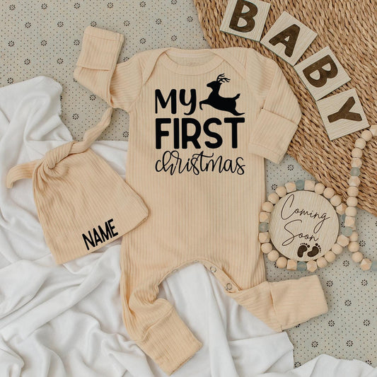 My First Christmas Baby Long Sleeve Romper Black Reindeer Design Soft Festive Newborn Going Home Outfit Boys Girls Holiday Gift Idea