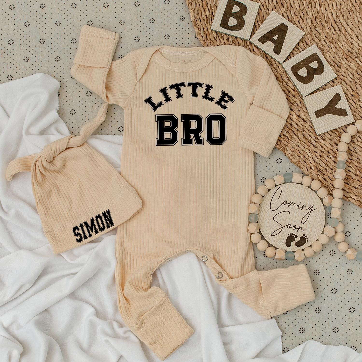 Personalized Little Bro Bodysuit & Simon Name Hat Set for Baby Boy Newborn Gift Announcement Outfit Classic Collegiate Soft Cotton Infant Sibling Brother Clothes
