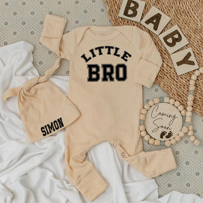Personalized Little Bro Bodysuit & Simon Name Hat Set for Baby Boy Newborn Gift Announcement Outfit Classic Collegiate Soft Cotton Infant Sibling Brother Clothes