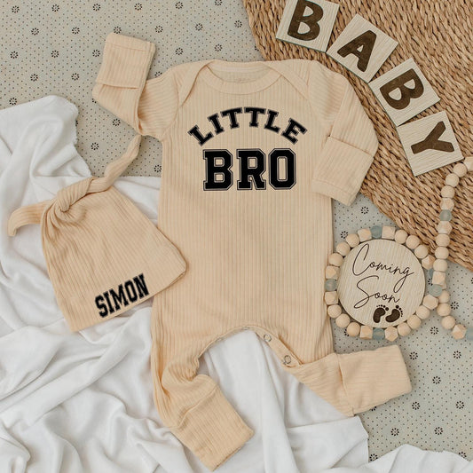 Personalized Little Bro Bodysuit & Simon Name Hat Set for Baby Boy Newborn Gift Announcement Outfit Classic Collegiate Soft Cotton Infant Sibling Brother Clothes