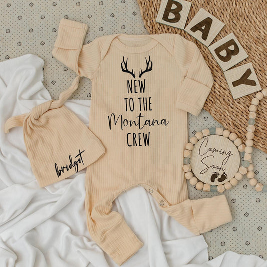 New to the Montana Crew Baby Bodysuit & Hat Set with Deer Antler Design Perfect Newborn Welcome Gift