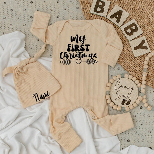 My First Christmas Baby Romper: Sweet Black Design with Heart Arrows, Soft Newborn Outfit for Boys & Girls, Christmas Gift (140 chars)