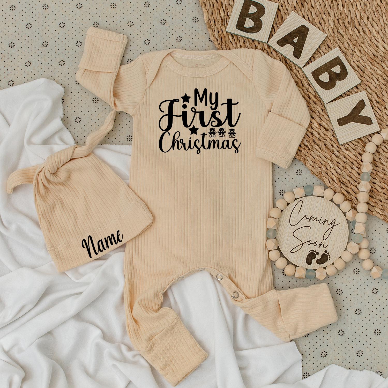 My First Christmas Baby Long Sleeve Romper Black Print Teddy Bear Star Design Soft Going Home Outfit for Newborn Boys Girls Gender Neutral Holiday Gift