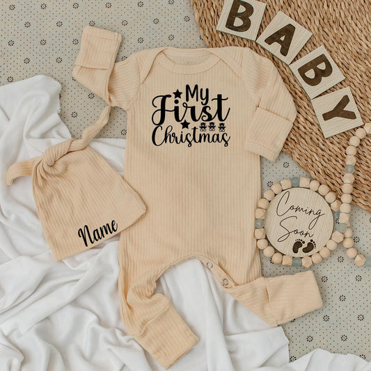 My First Christmas Baby Long Sleeve Romper Black Print Teddy Bear Star Design Soft Going Home Outfit for Newborn Boys Girls Gender Neutral Holiday Gift