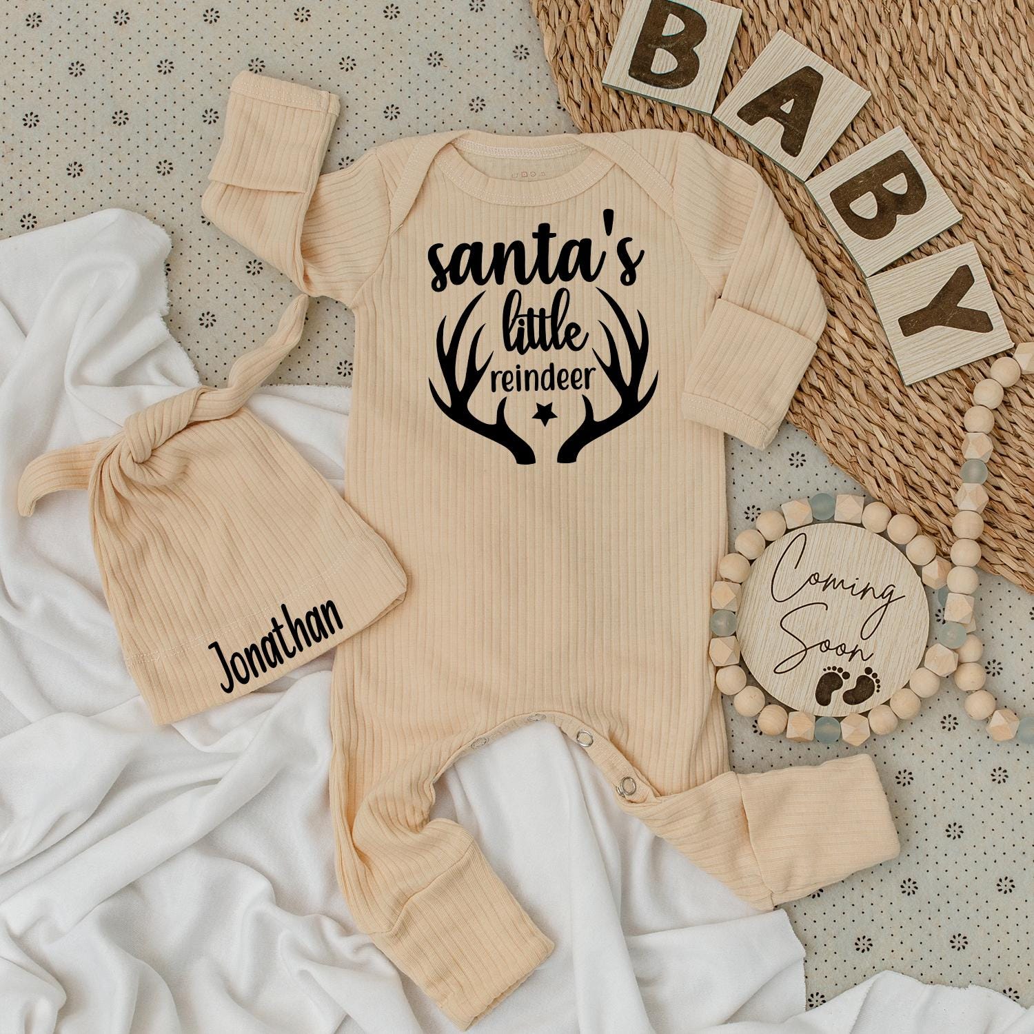 Santa's Little Reindeer Baby Bodysuit & Hat Set Cute 1st Xmas Outfit Personalized Name Romper Unisex Baby Gift Coming Soon