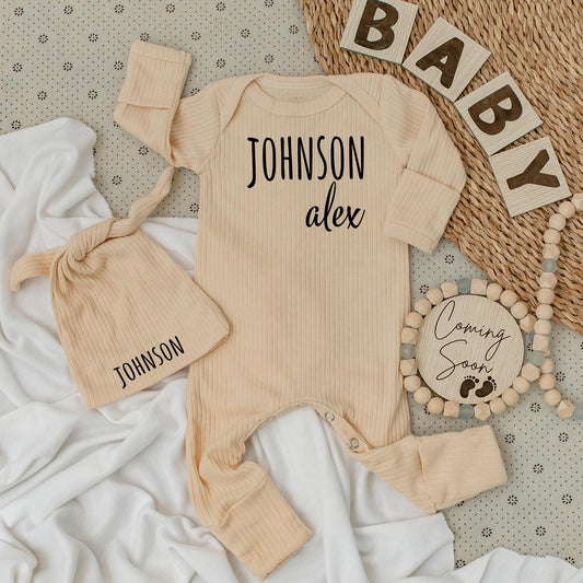 Custom Baby Announcement Bodysuit Hat Set with Modern 'JOHNSON alex' Black Name Print, Soft Newborn Infant Jumpsuit for Boy Girl Coming Soon Gift