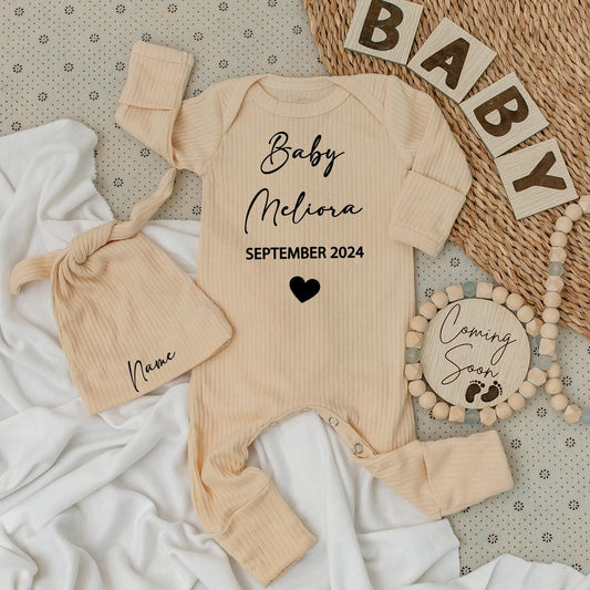 Custom Baby Announcement Bodysuit & Hat Set September 2024 Baby's Name Black Heart Newborn Gift Boy Girl