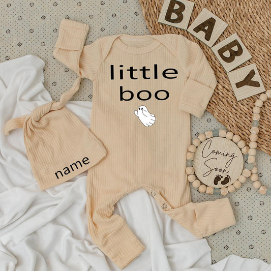 Little Boo Ghost Halloween Baby Bodysuit and Hat Set Custom Name Cotton Bubble Romper Playful Fall Outfit Perfect Shower Gift