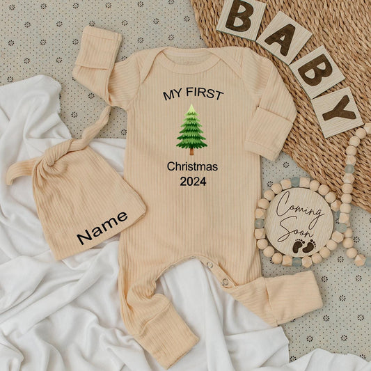 My First Christmas Baby Bodysuit & Hat Set Cute Green Tree Personalized Name Newborn 1st Xmas Outfit Unisex Gift 2024