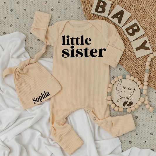 Little Sister Outfit: Personalized Bodysuit & Hat Set, Custom Name Baby Gift, Newborn Girl Clothes, Cute Coming Soon Outfit for Sophia, Modern Sister Set