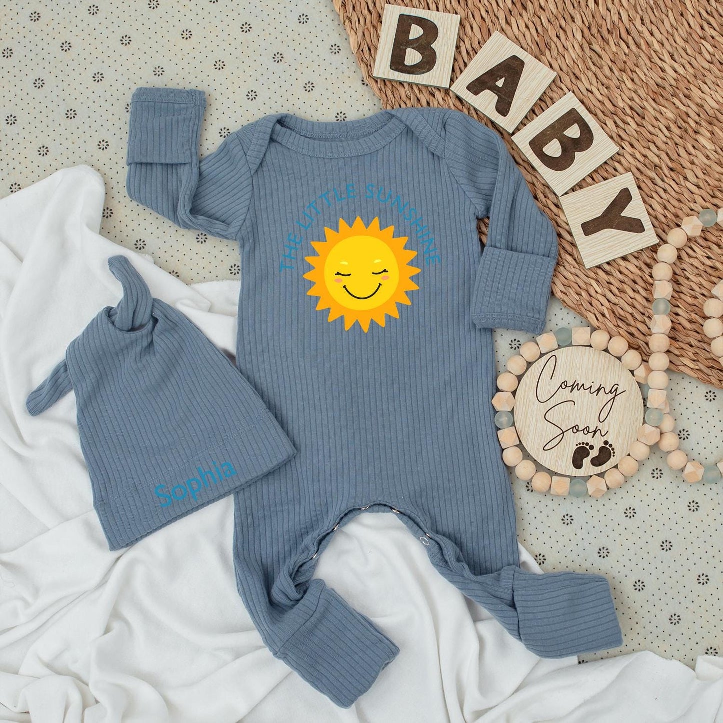 The Little Sunshine Baby Bodysuit & Hat Set Personalized Sophia Name Light Blue Sun Cartoon Newborn Girl Clothes Birthday Gift