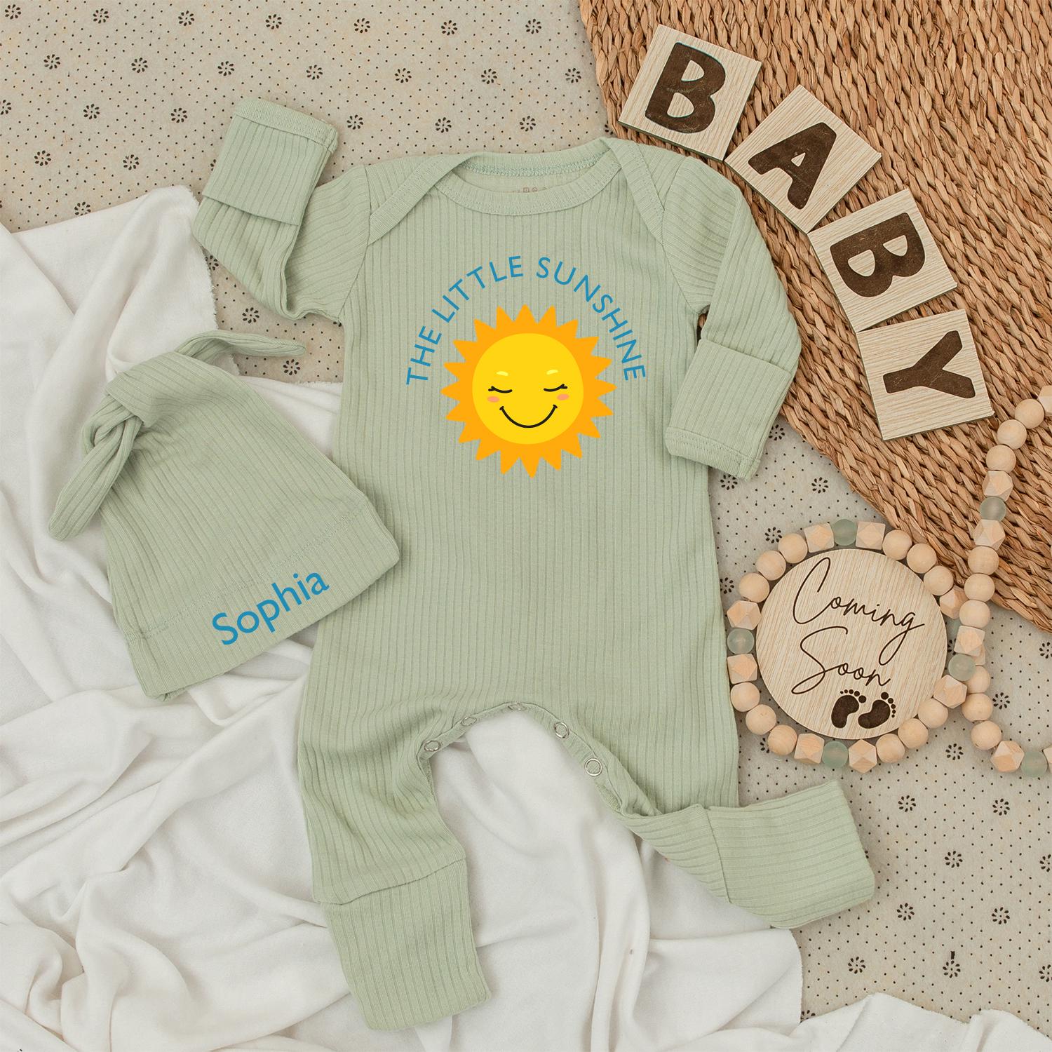 The Little Sunshine Baby Bodysuit & Hat Set Personalized Sophia Name Light Blue Sun Cartoon Newborn Girl Clothes Birthday Gift