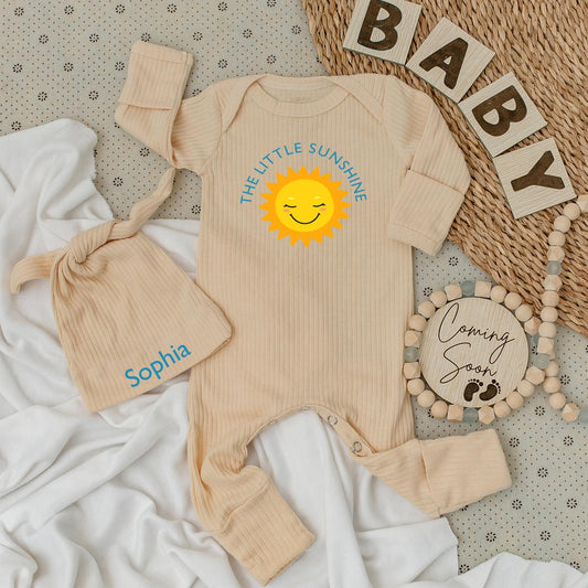 The Little Sunshine Baby Bodysuit & Hat Set Personalized Sophia Name Light Blue Sun Cartoon Newborn Girl Clothes Birthday Gift