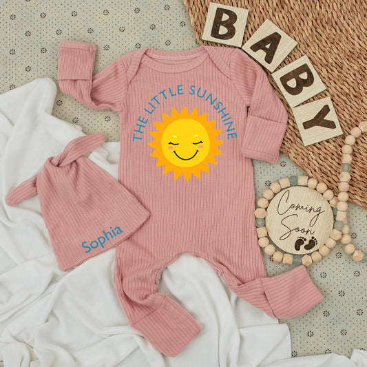The Little Sunshine Baby Bodysuit & Hat Set Personalized Sophia Name Light Blue Sun Cartoon Newborn Girl Clothes Birthday Gift