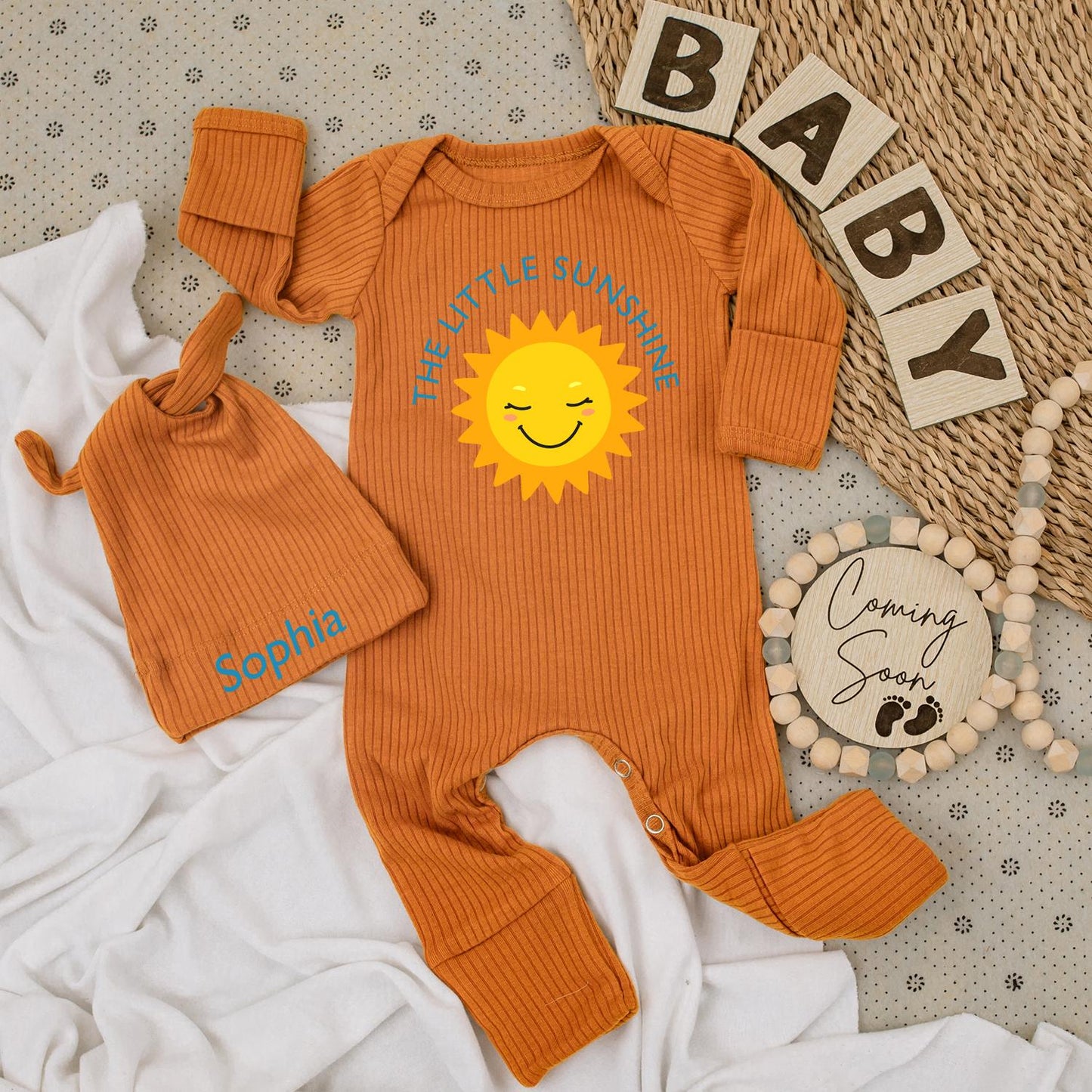 The Little Sunshine Baby Bodysuit & Hat Set Personalized Sophia Name Light Blue Sun Cartoon Newborn Girl Clothes Birthday Gift