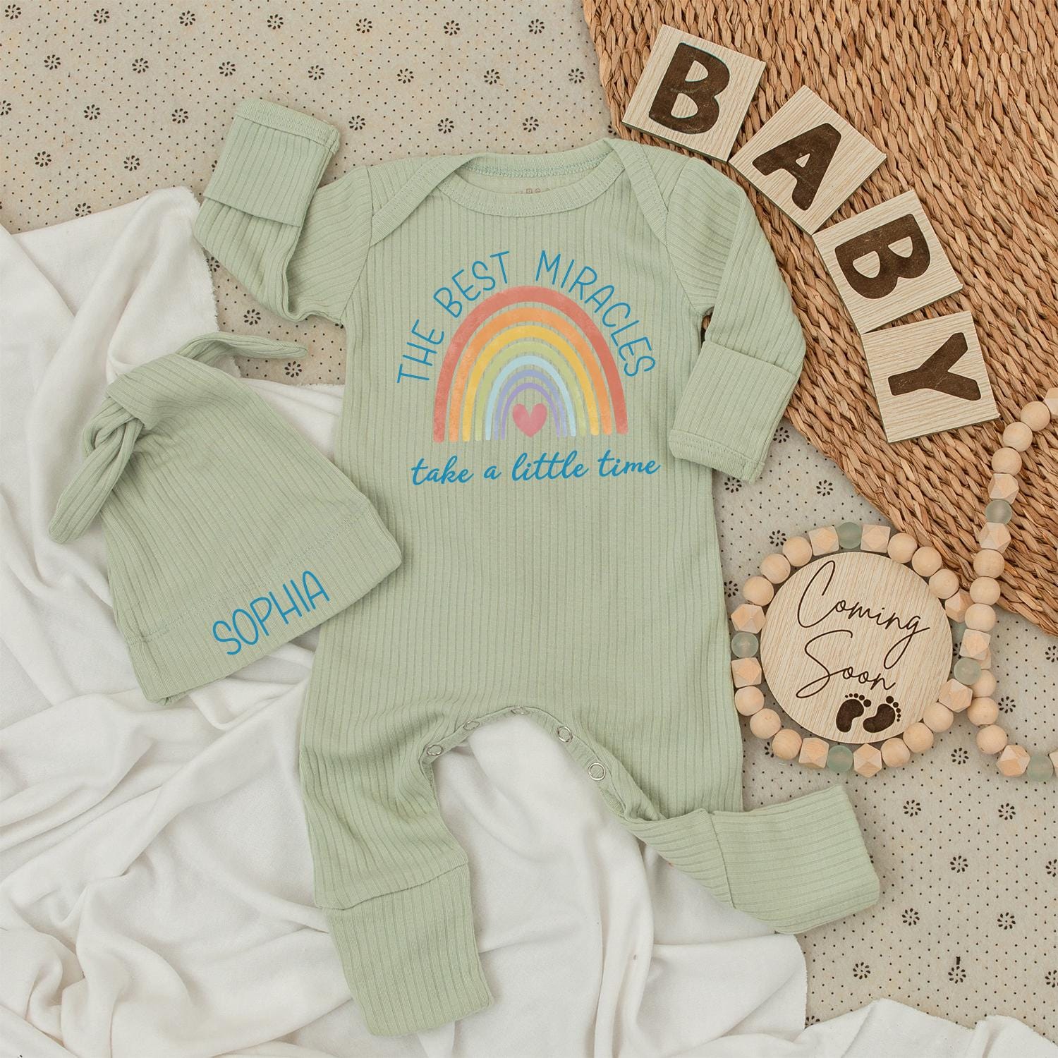 Personalized 'The Best Miracles' Baby Bodysuit & Hat Set with Sweet Pastel Rainbow Design Pink Heart Muted Teal Baby Girl Newborn Gift