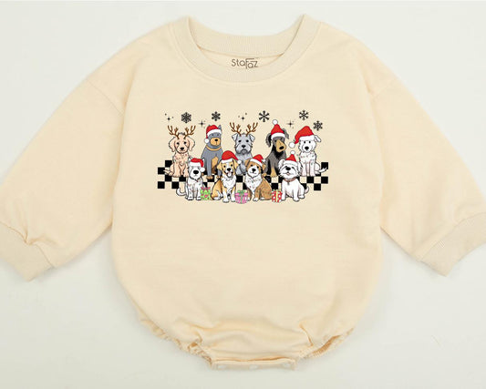 Whimsical Christmas Dog Bubble Romper Baby Outfit Santa Hat Puppy Toddler Sweatshirt Festive Family Matching Holiday
