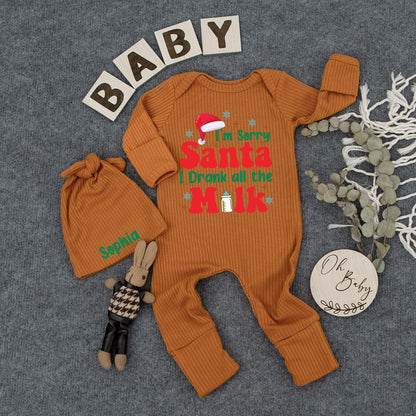 Sorry Santa I Drank The Milk Romper: Baby's First Christmas Outfit, Holiday Bodysuit, Funny Newborn Clothes, Cartoon Red Lettering, Long Sleeve Cozy Gift
