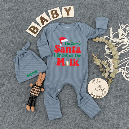Sorry Santa I Drank The Milk Romper: Baby's First Christmas Outfit, Holiday Bodysuit, Funny Newborn Clothes, Cartoon Red Lettering, Long Sleeve Cozy Gift