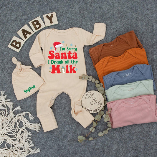 Sorry Santa I Drank The Milk Romper: Baby's First Christmas Outfit, Holiday Bodysuit, Funny Newborn Clothes, Cartoon Red Lettering, Long Sleeve Cozy Gift