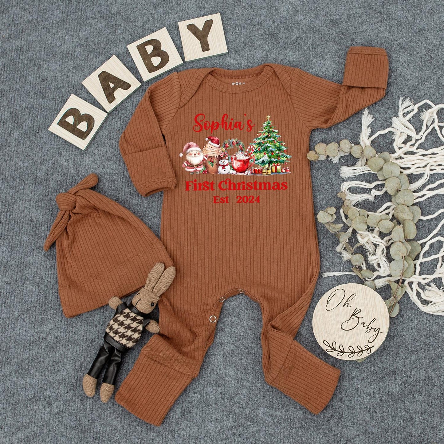 Sophia's First Christmas 2024 Bodysuit & Hat Set, Personalized Newborn Outfit, Cute Holiday Romper, Baby Shower Gift, Santa & Snowman, Whimsical Xmas Tee