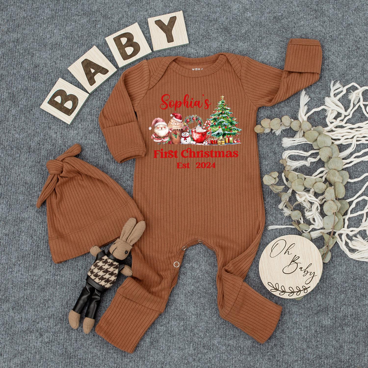 Sophia's First Christmas 2024 Bodysuit & Hat Set, Personalized Newborn Outfit, Cute Holiday Romper, Baby Shower Gift, Santa & Snowman, Whimsical Xmas Tee