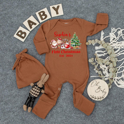 Sophia's First Christmas 2024 Bodysuit & Hat Set, Personalized Newborn Outfit, Cute Holiday Romper, Baby Shower Gift, Santa & Snowman, Whimsical Xmas Tee