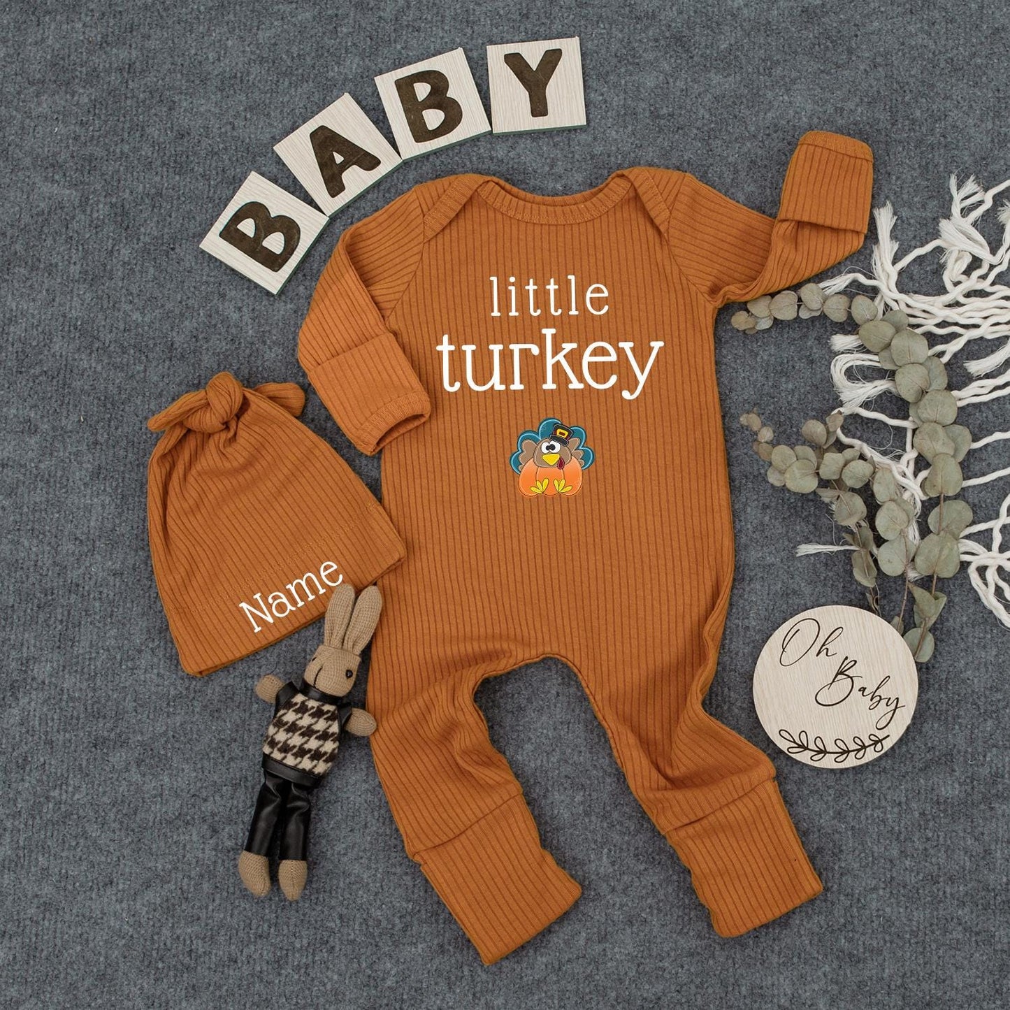Personalized Little Turkey Baby Bodysuit & Hat Set, Custom Name Thanksgiving Outfit Newborn Jumpsuit, Coming Home Outfit, Baby Shower Gift (139 chars)