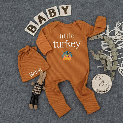 Personalized Little Turkey Baby Bodysuit & Hat Set, Custom Name Thanksgiving Outfit Newborn Jumpsuit, Coming Home Outfit, Baby Shower Gift (139 chars)