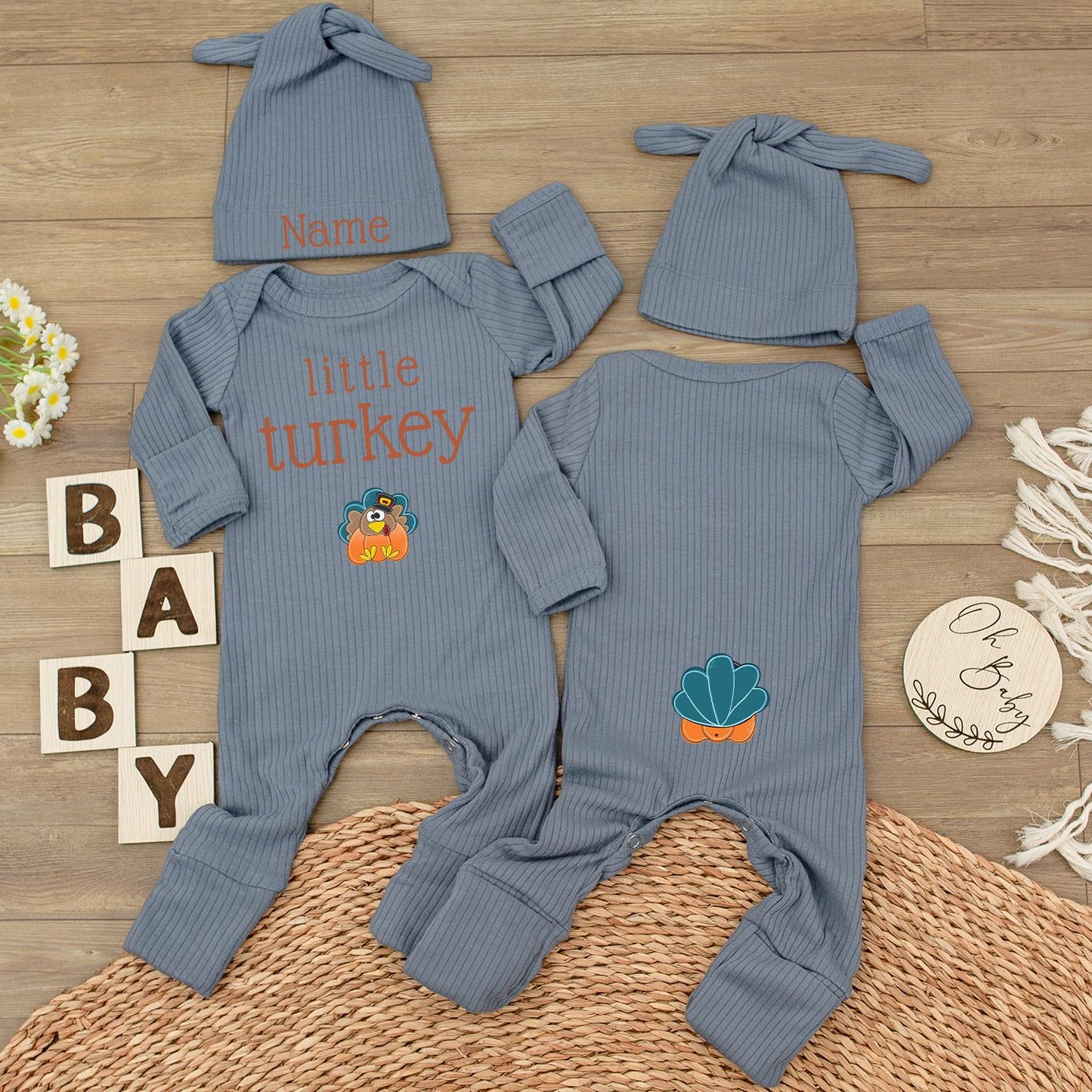 Little Turkey Baby Bodysuit & Hat Set, Custom Name Newborn Jumpsuit, 1st Thanksgiving Outfit, Baby Shower Gift, Baby Girl Boy Clothes (139 chars)
