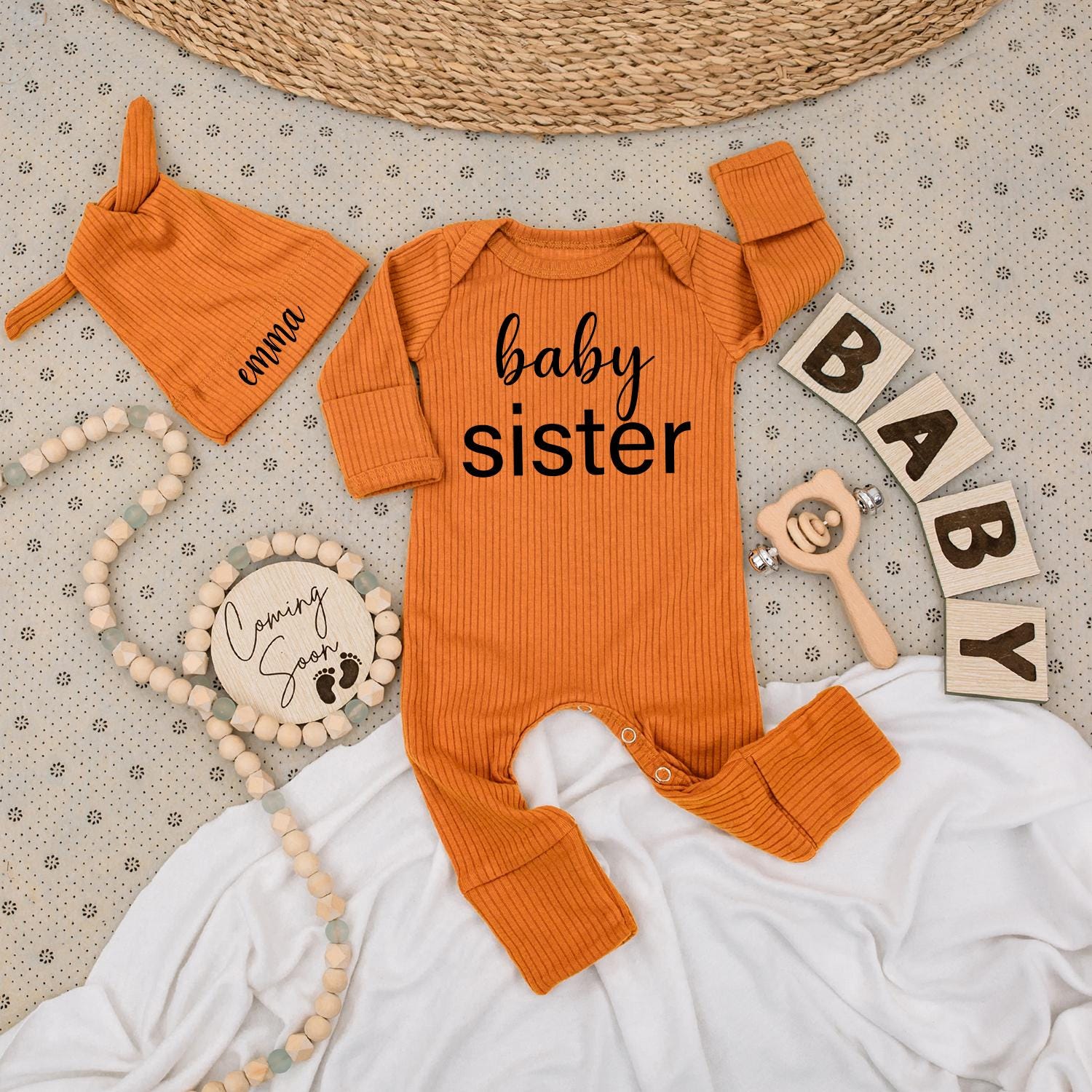 Baby Sister Bodysuit & Hat Set Black Vertical Font "baby sister" "emma" Newborn Girl Gift Outfit