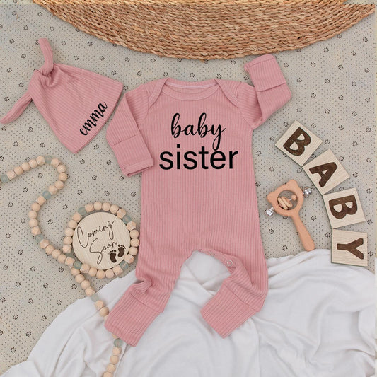 Baby Sister Bodysuit & Hat Set Black Vertical Font "baby sister" "emma" Newborn Girl Gift Outfit