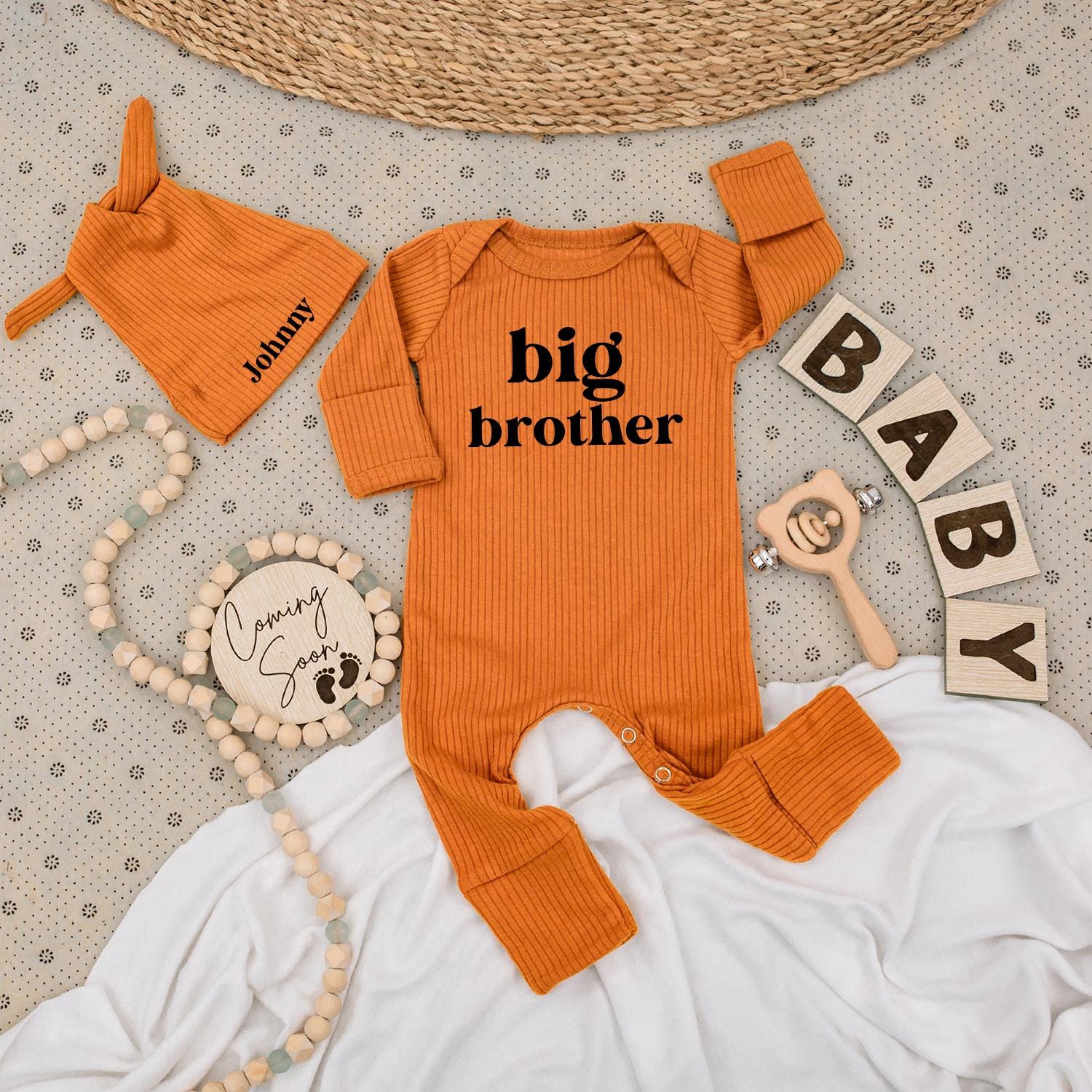 Big Brother Bodysuit & Personalized Johnny Hat Set | Natural Baby Announcement Outfit Coming Soon | Newborn Boy Clothes, Baby Shower Gift Idea 136